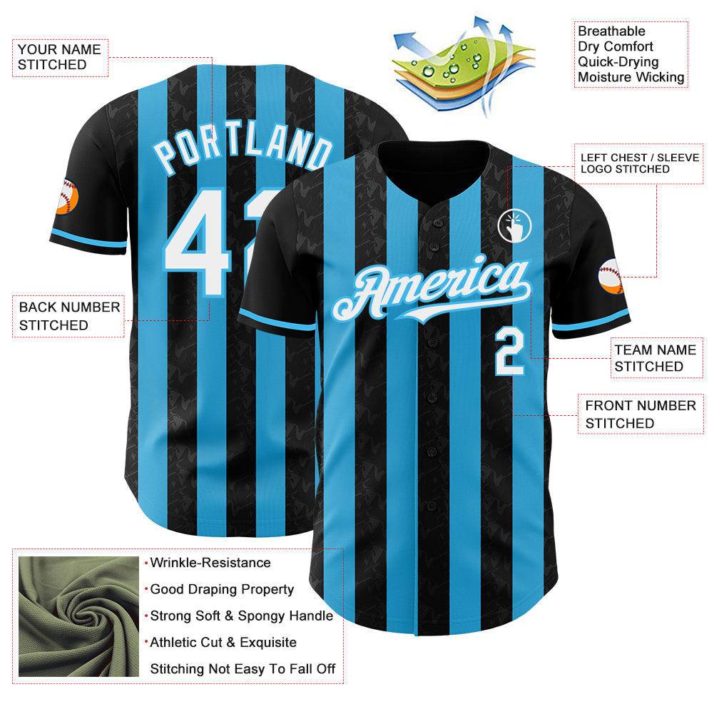 Custom Black White-Sky Blue Classic Vertical Stripe Fluid Liquid Texture Authentic Baseball Jersey