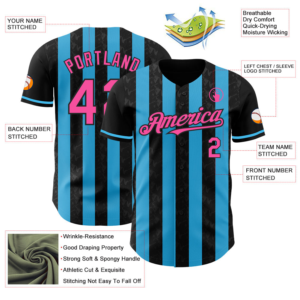 Custom Black Pink-Sky Blue Classic Vertical Stripe Fluid Liquid Texture Authentic Baseball Jersey