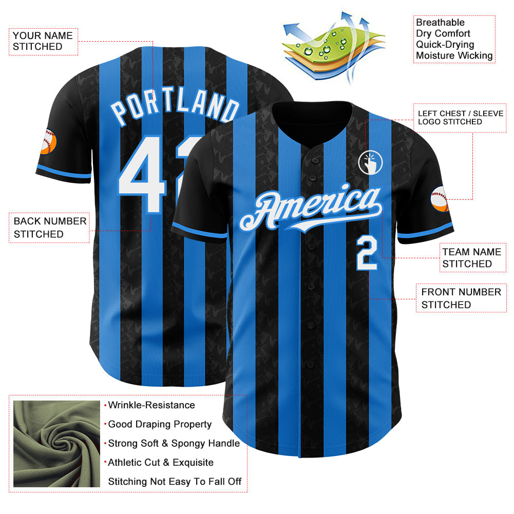 Custom Black White-Electric Blue Classic Vertical Stripe Fluid Liquid Texture Authentic Baseball Jersey