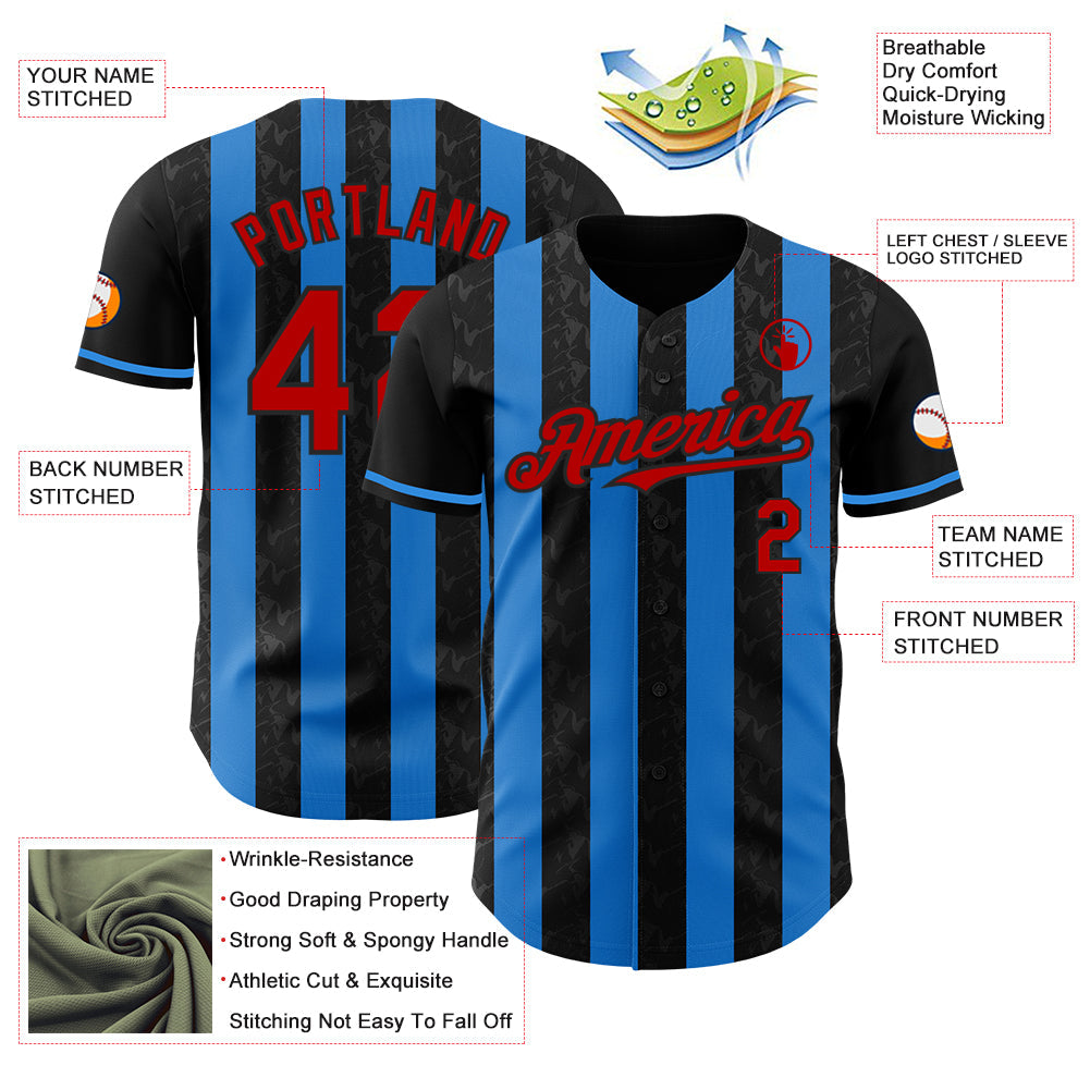 Custom Black Red-Electric Blue Classic Vertical Stripe Fluid Liquid Texture Authentic Baseball Jersey