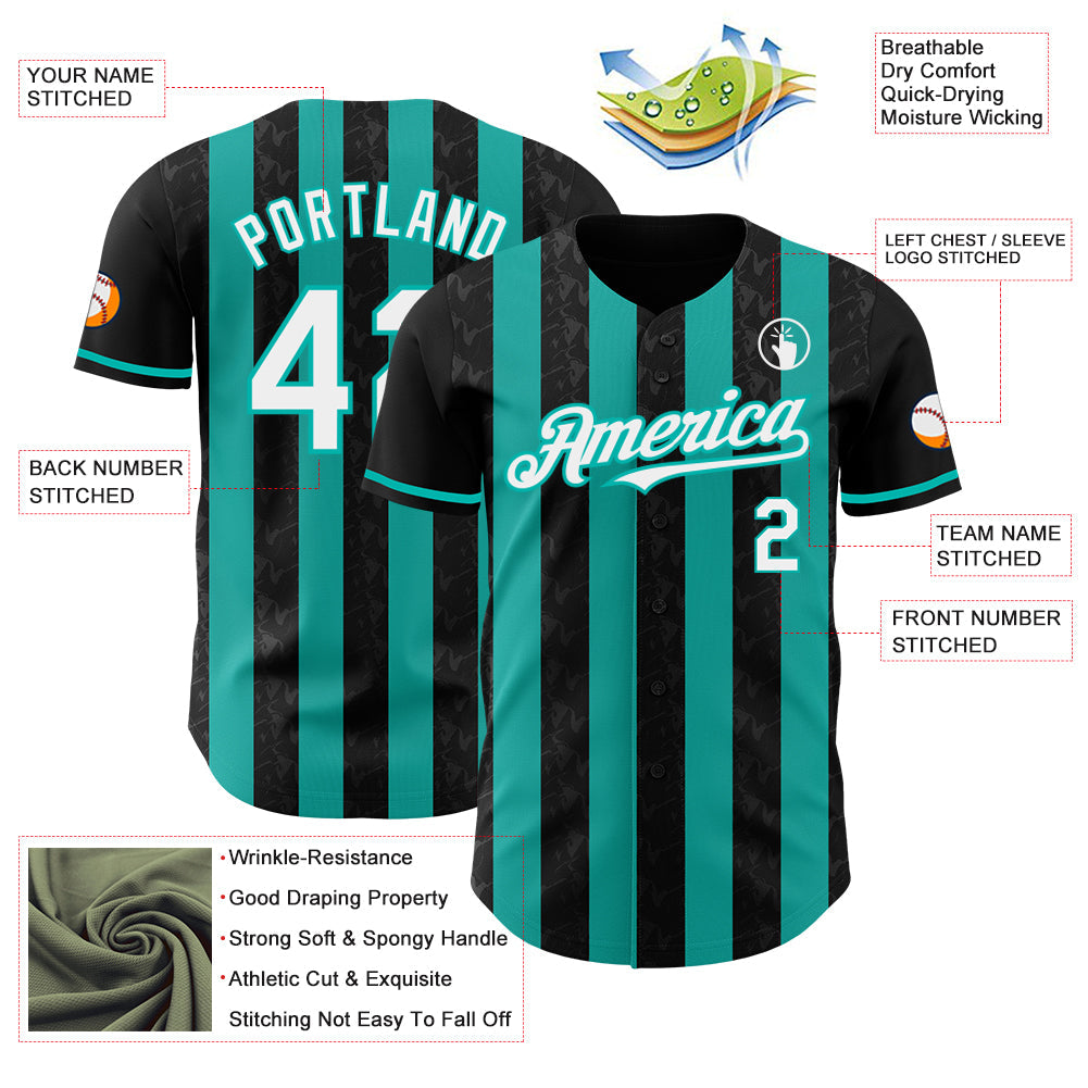Custom Black White-Aqua Classic Vertical Stripe Fluid Liquid Texture Authentic Baseball Jersey