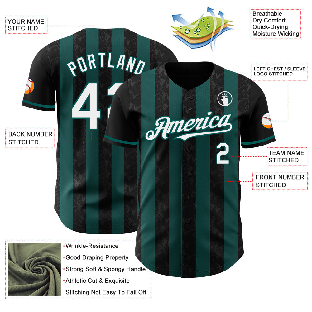 Custom Black White-Midnight Green Classic Vertical Stripe Fluid Liquid Texture Authentic Baseball Jersey