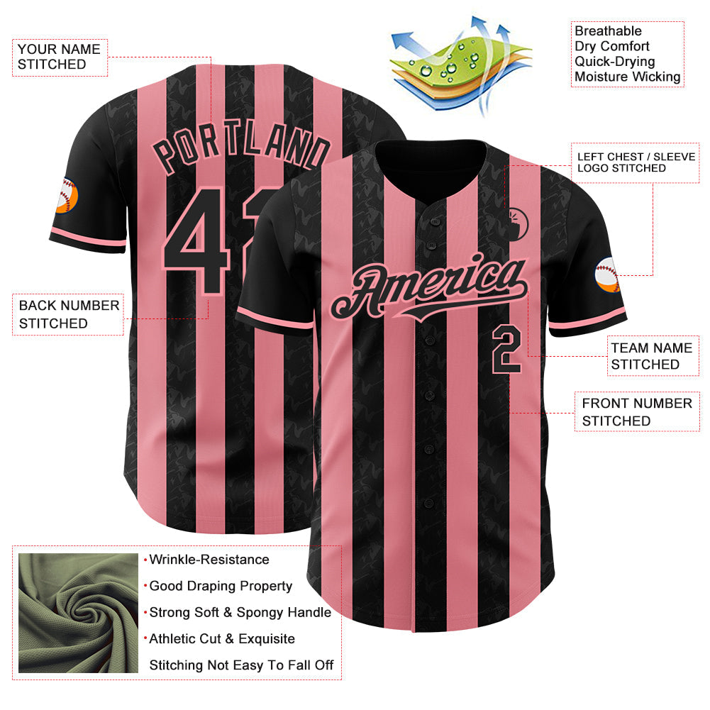 Custom Black-Medium Pink Classic Vertical Stripe Fluid Liquid Texture Authentic Baseball Jersey