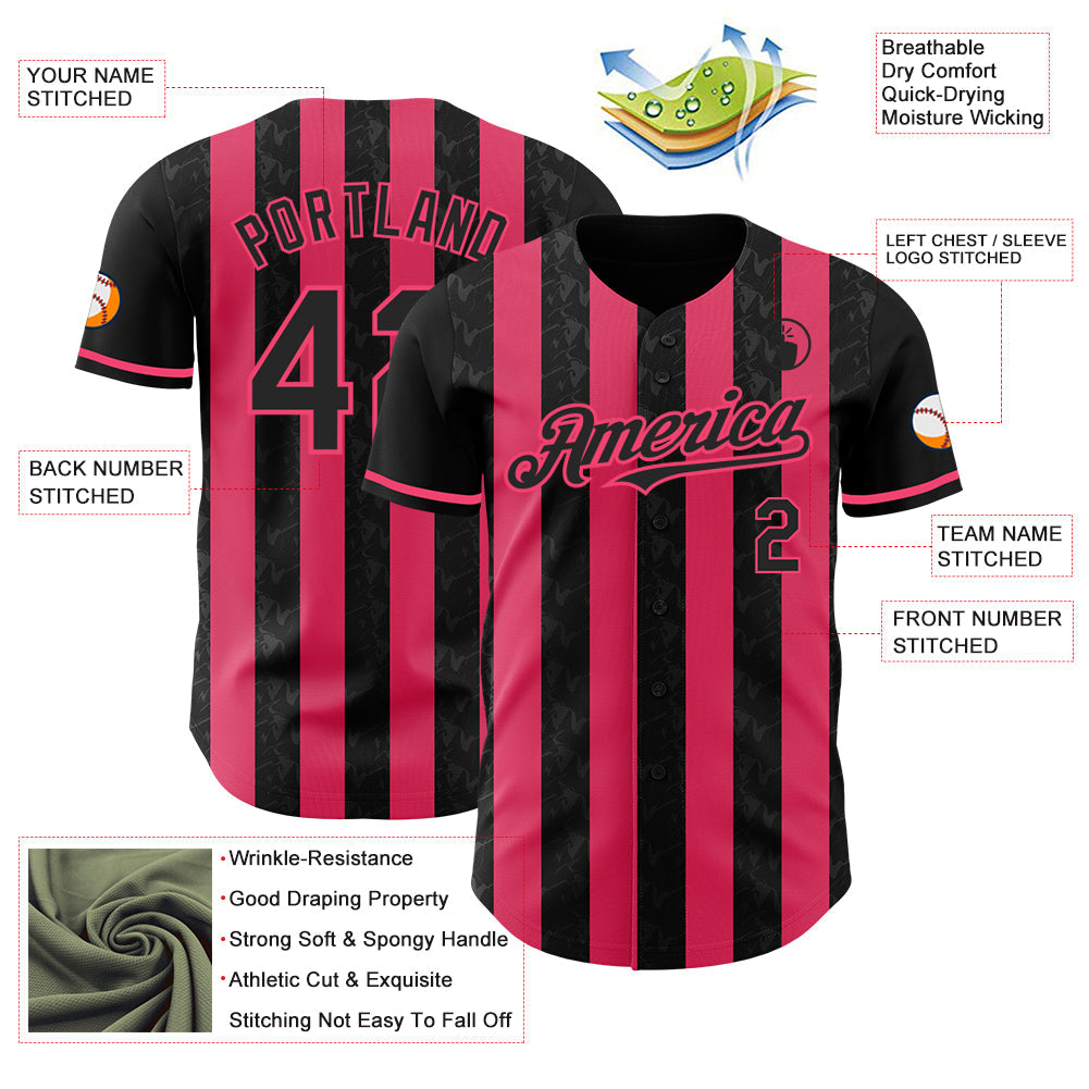 Custom Black-Neon Pink Classic Vertical Stripe Fluid Liquid Texture Authentic Baseball Jersey