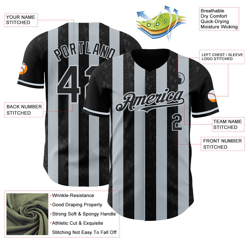 Custom Black-Silver Classic Vertical Stripe Fluid Liquid Texture Authentic Baseball Jersey