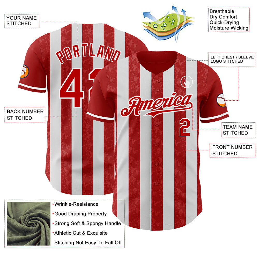 Custom Red-White Classic Vertical Stripe Fluid Liquid Texture Authentic Baseball Jersey
