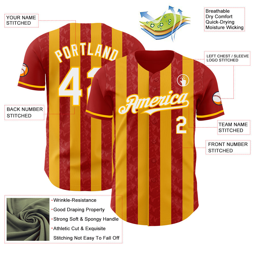 Custom Red White-Gold Classic Vertical Stripe Fluid Liquid Texture Authentic Baseball Jersey