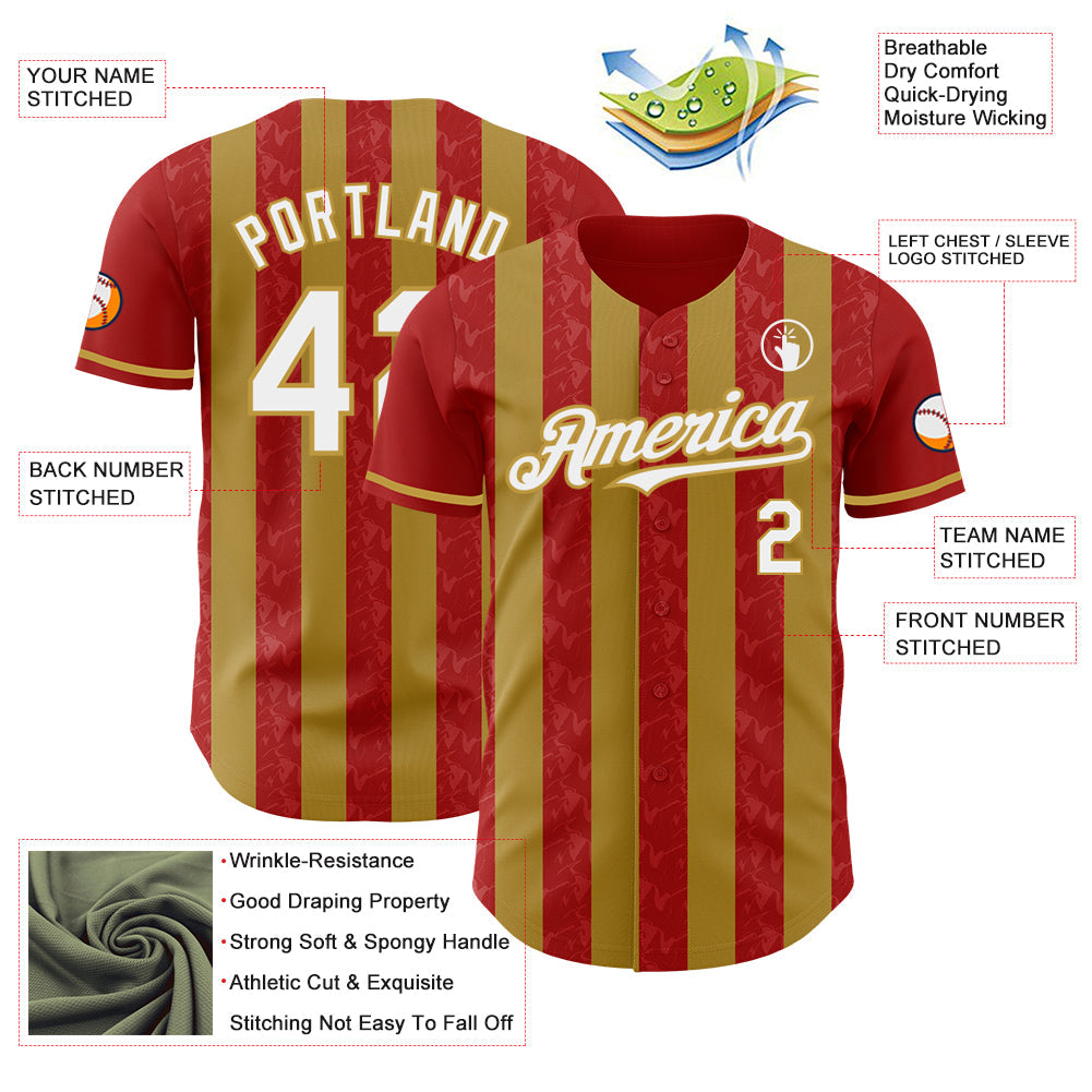 Custom Red White-Old Gold Classic Vertical Stripe Fluid Liquid Texture Authentic Baseball Jersey