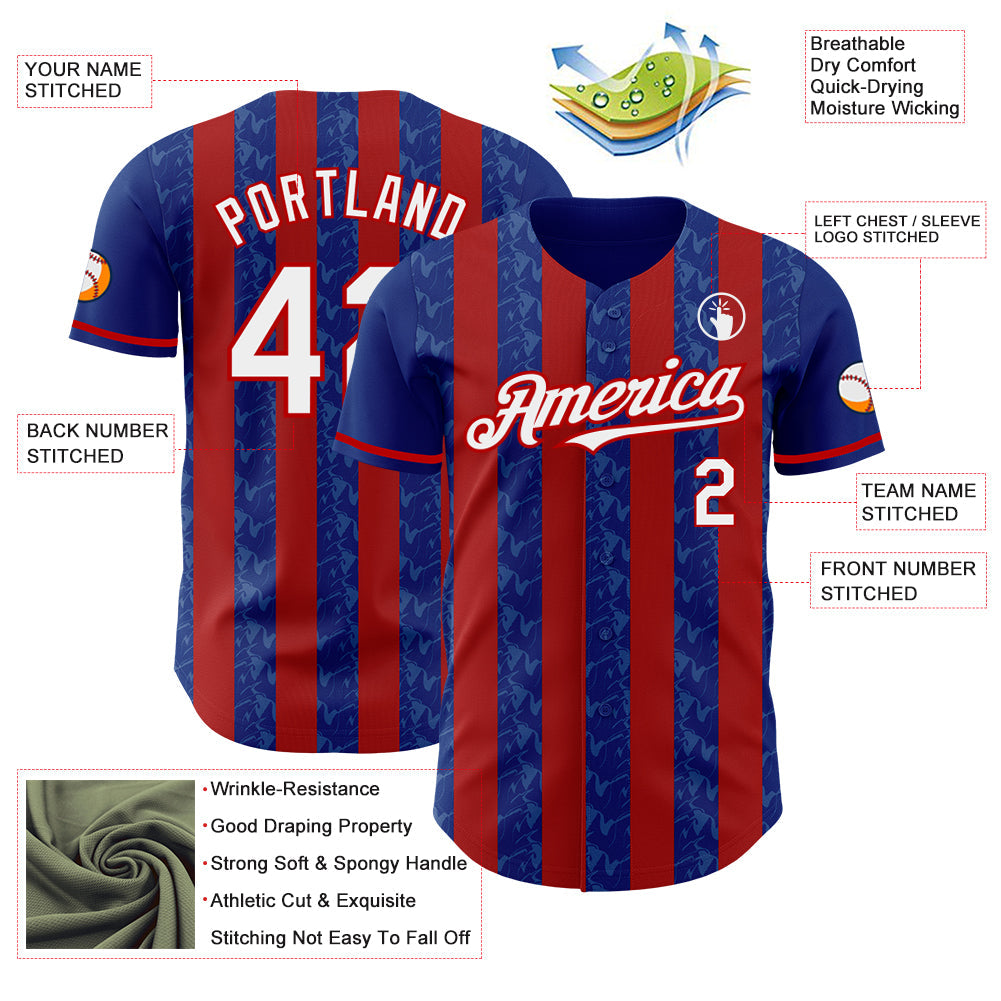 Custom Royal White-Red Classic Vertical Stripe Fluid Liquid Texture Authentic Baseball Jersey