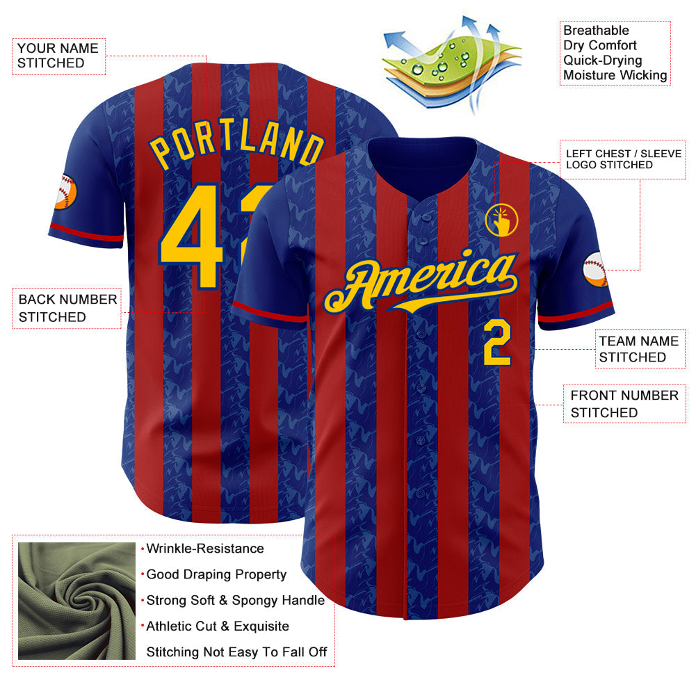 Custom Royal Yellow-Red Classic Vertical Stripe Fluid Liquid Texture Authentic Baseball Jersey