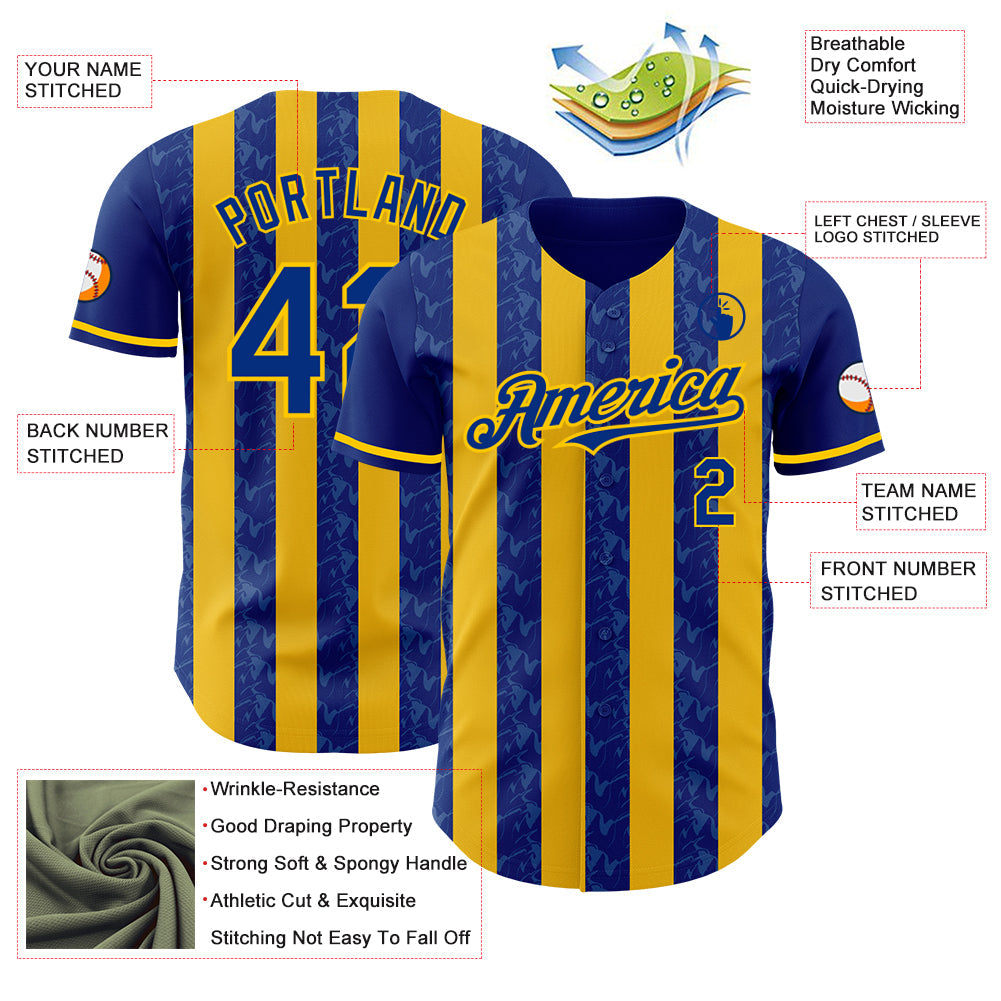 Custom Royal-Yellow Classic Vertical Stripe Fluid Liquid Texture Authentic Baseball Jersey