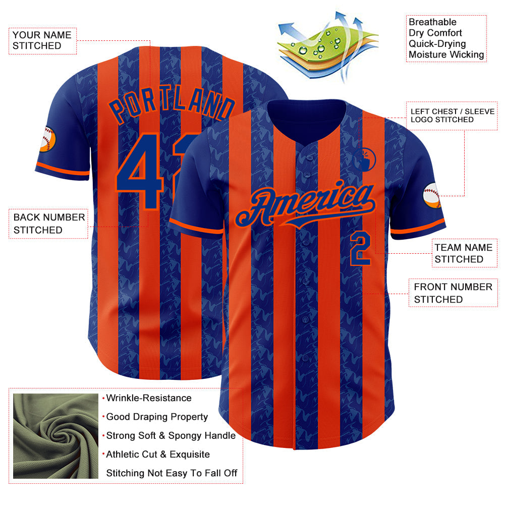 Custom Royal-Orange Classic Vertical Stripe Fluid Liquid Texture Authentic Baseball Jersey