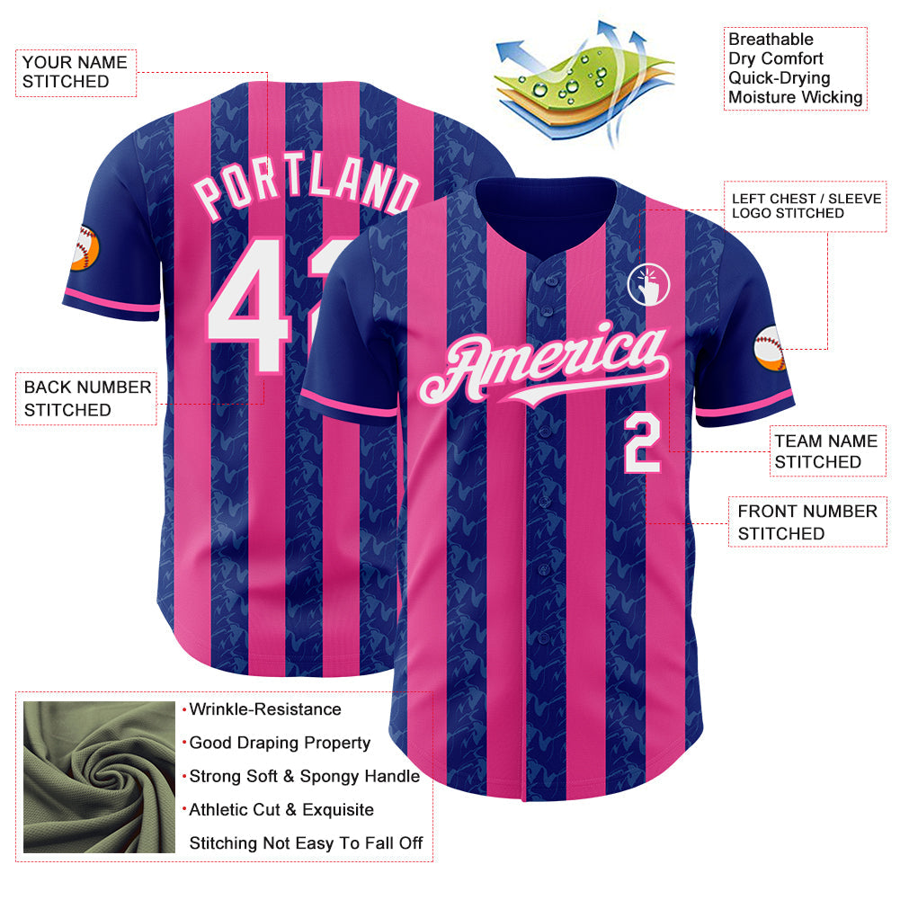 Custom Royal White-Pink Classic Vertical Stripe Fluid Liquid Texture Authentic Baseball Jersey