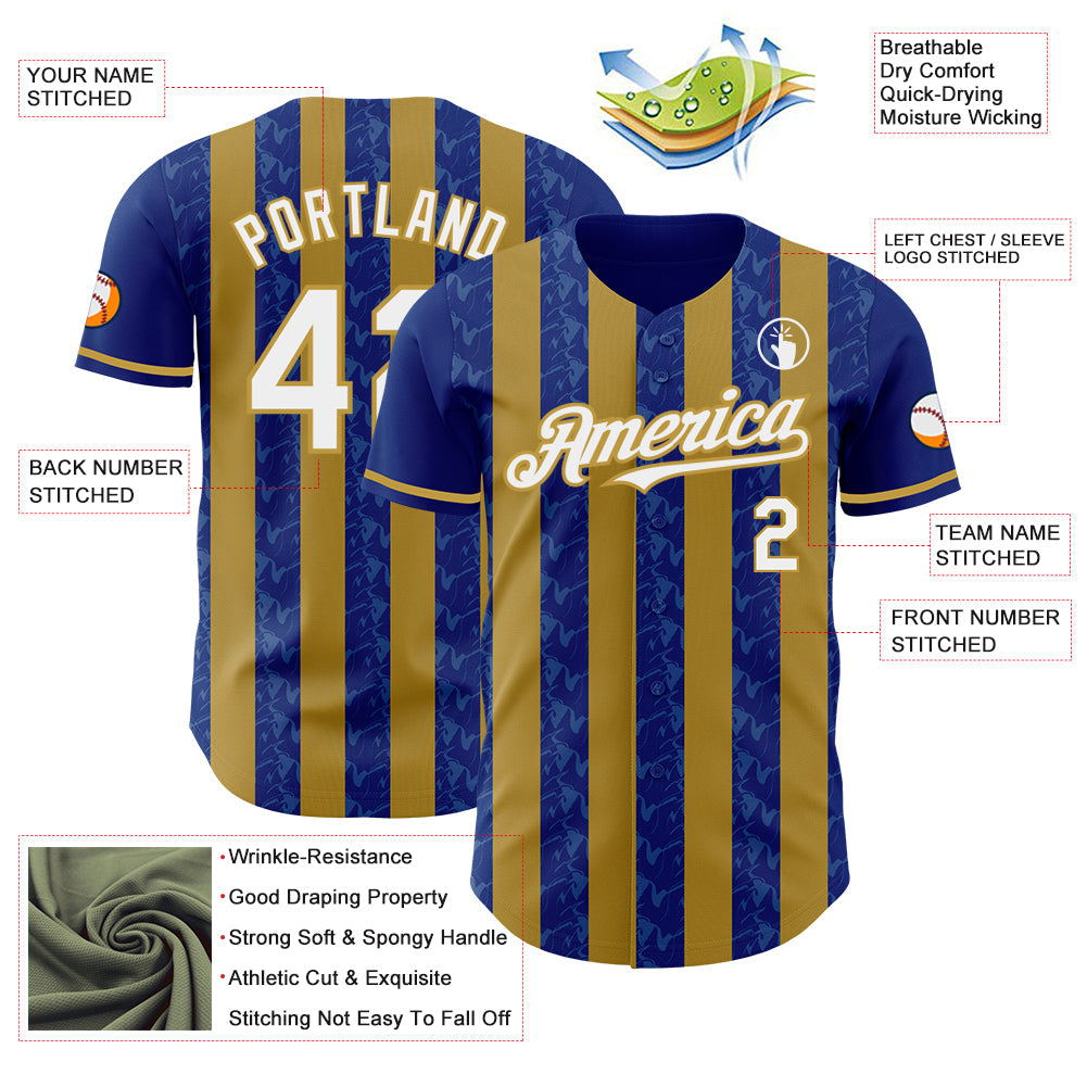 Custom Royal White-Old Gold Classic Vertical Stripe Fluid Liquid Texture Authentic Baseball Jersey