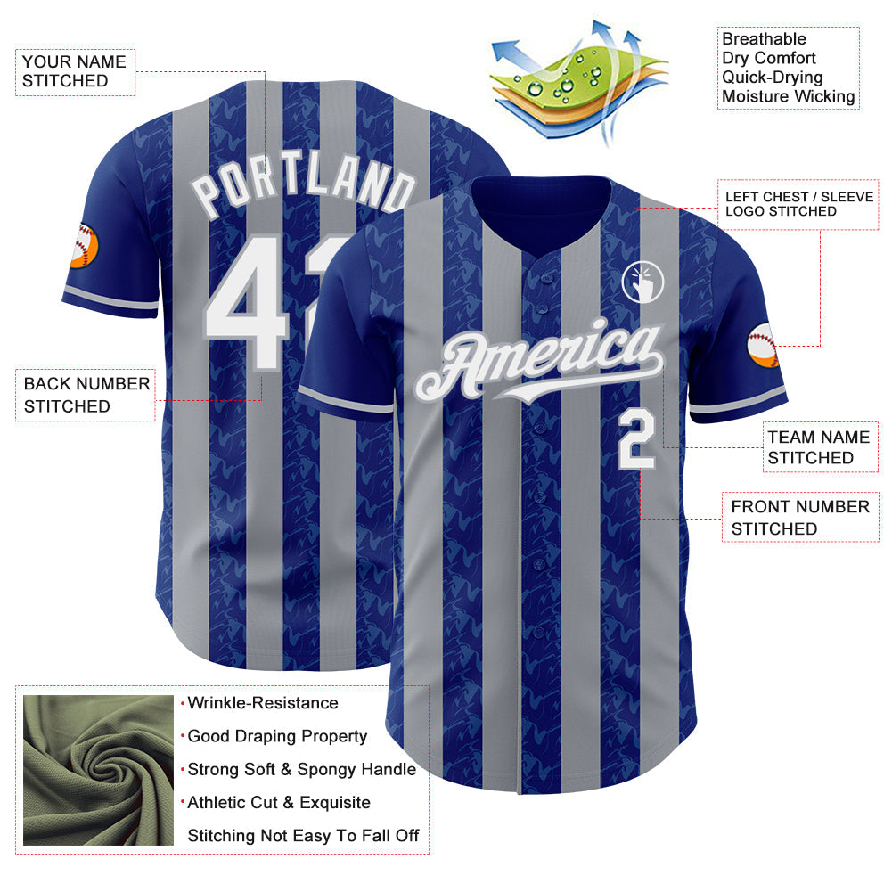 Custom Royal White-Gray Classic Vertical Stripe Fluid Liquid Texture Authentic Baseball Jersey