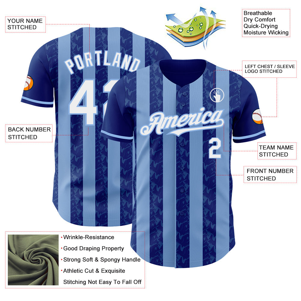 Custom Royal White-Light Blue Classic Vertical Stripe Fluid Liquid Texture Authentic Baseball Jersey