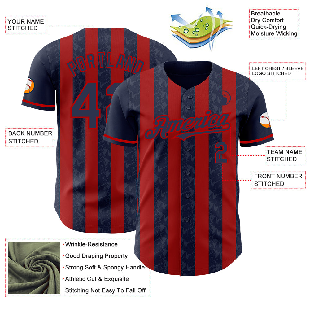 Custom Navy-Red Classic Vertical Stripe Fluid Liquid Texture Authentic Baseball Jersey