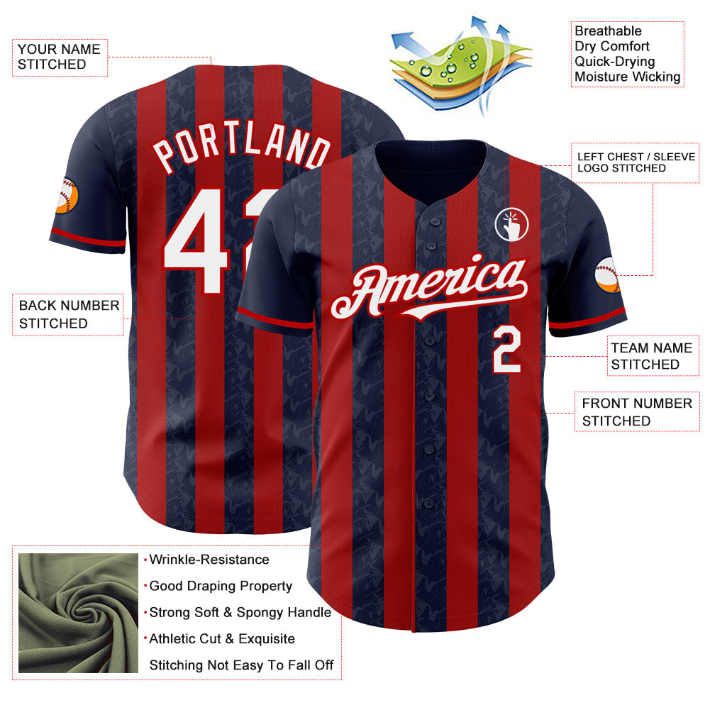 Custom Navy White-Red Classic Vertical Stripe Fluid Liquid Texture Authentic Baseball Jersey