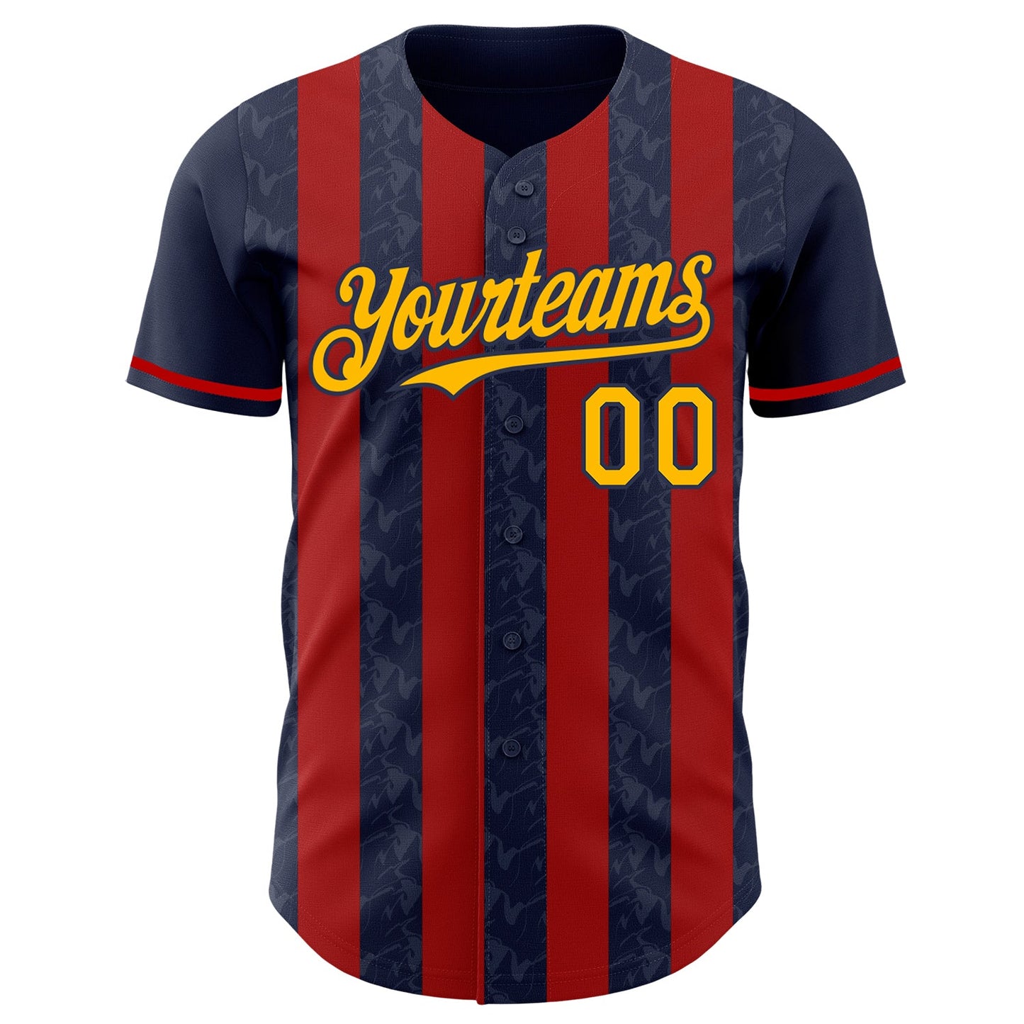 Custom Navy Gold-Red Classic Vertical Stripe Fluid Liquid Texture Authentic Baseball Jersey