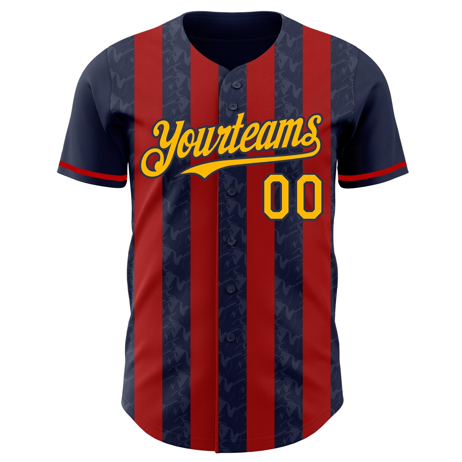 Custom Navy Gold-Red Classic Vertical Stripe Fluid Liquid Texture Authentic Baseball Jersey