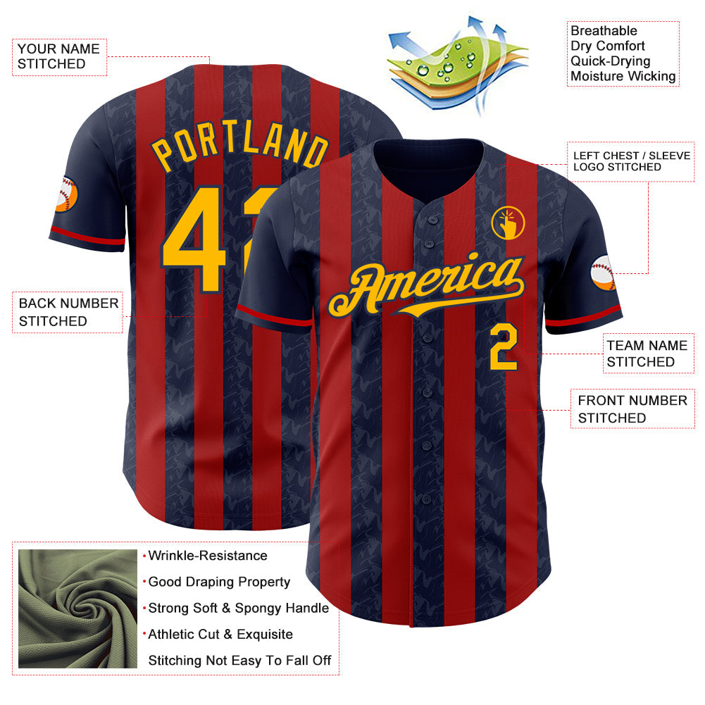 Custom Navy Gold-Red Classic Vertical Stripe Fluid Liquid Texture Authentic Baseball Jersey