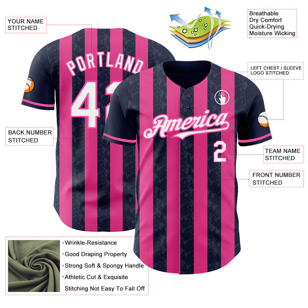 Custom Navy White-Pink Classic Vertical Stripe Fluid Liquid Texture Authentic Baseball Jersey