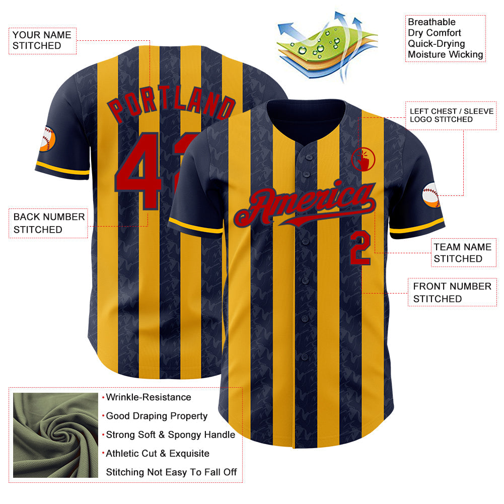 Custom Navy Red-Gold Classic Vertical Stripe Fluid Liquid Texture Authentic Baseball Jersey