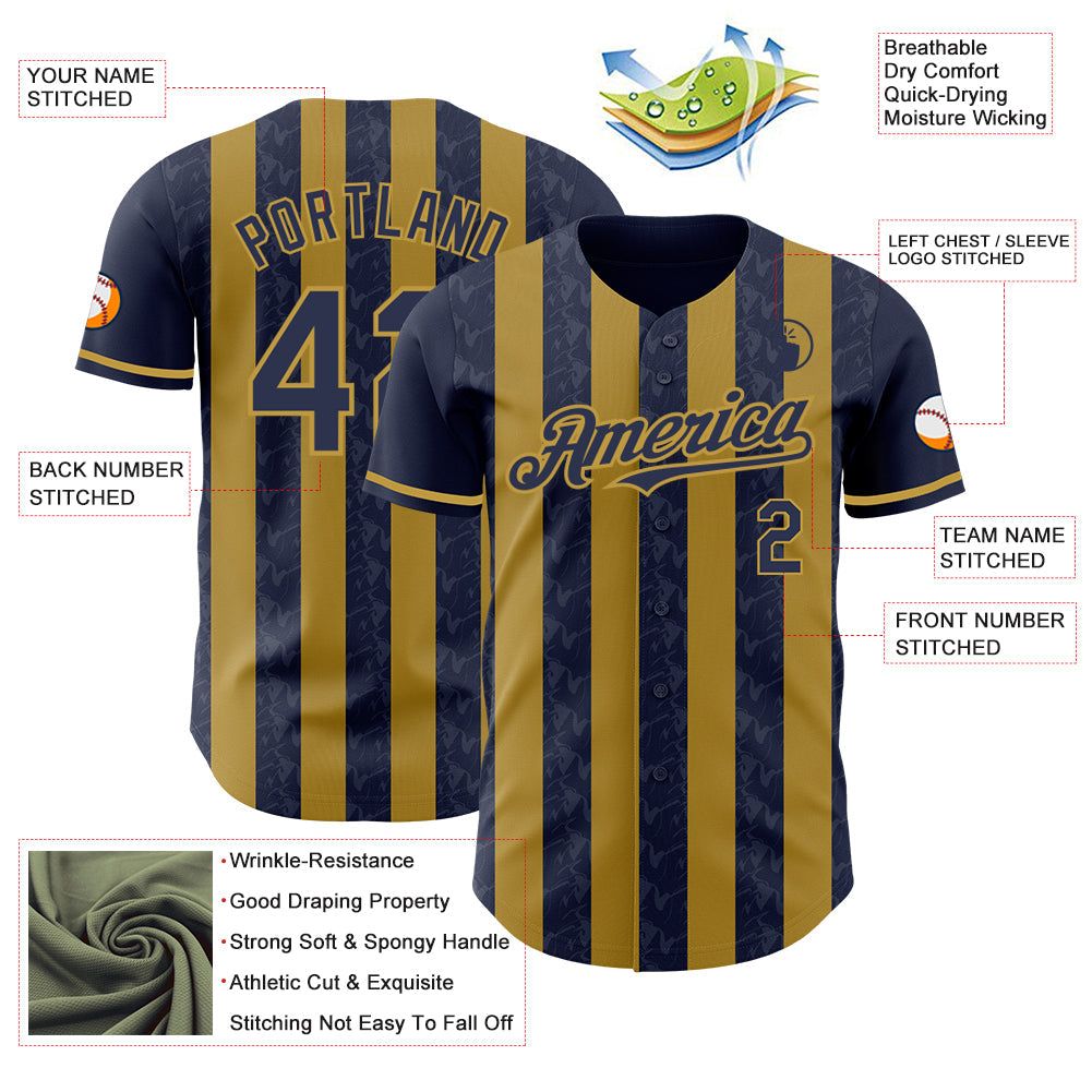 Custom Navy-Old Gold Classic Vertical Stripe Fluid Liquid Texture Authentic Baseball Jersey