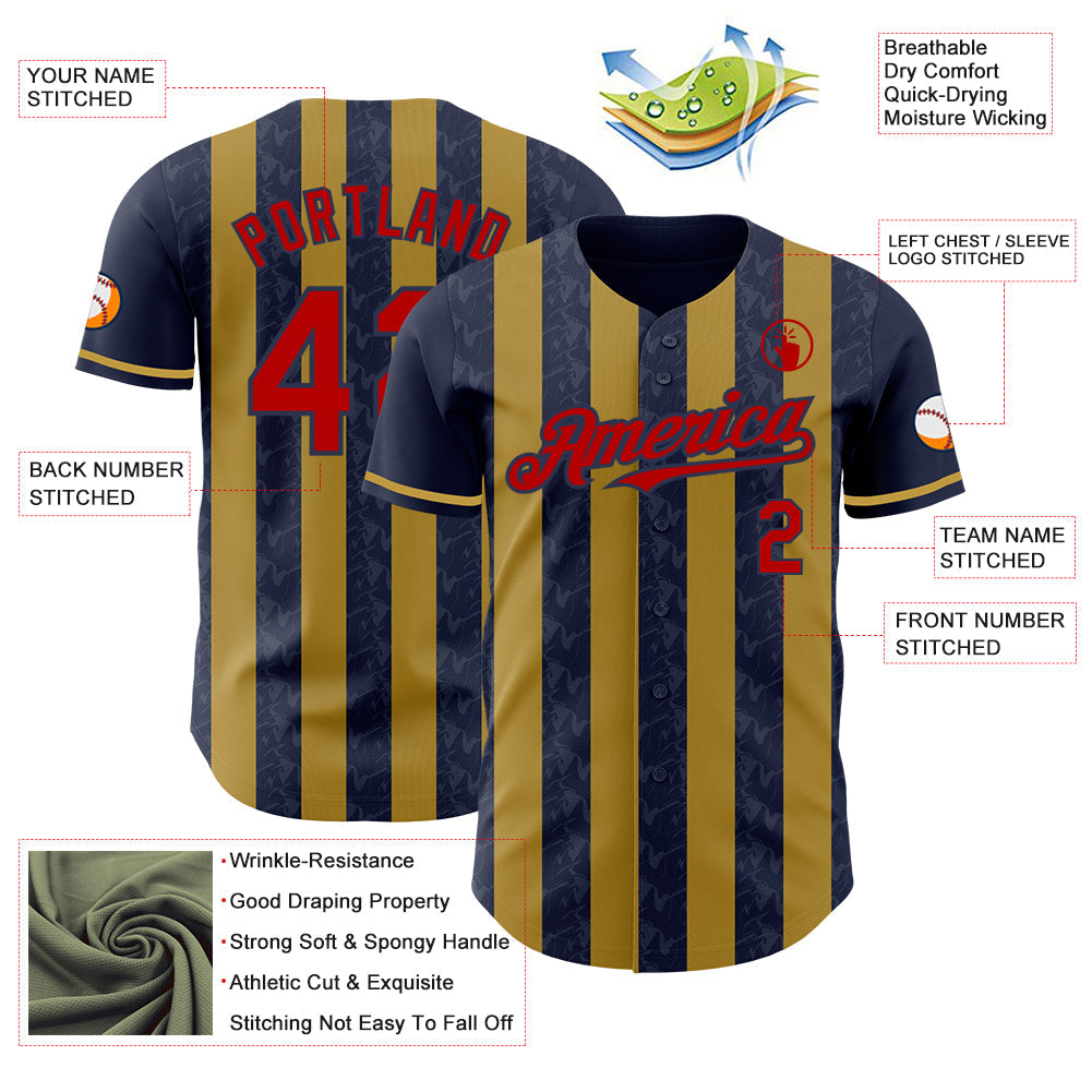 Custom Navy Red-Old Gold Classic Vertical Stripe Fluid Liquid Texture Authentic Baseball Jersey