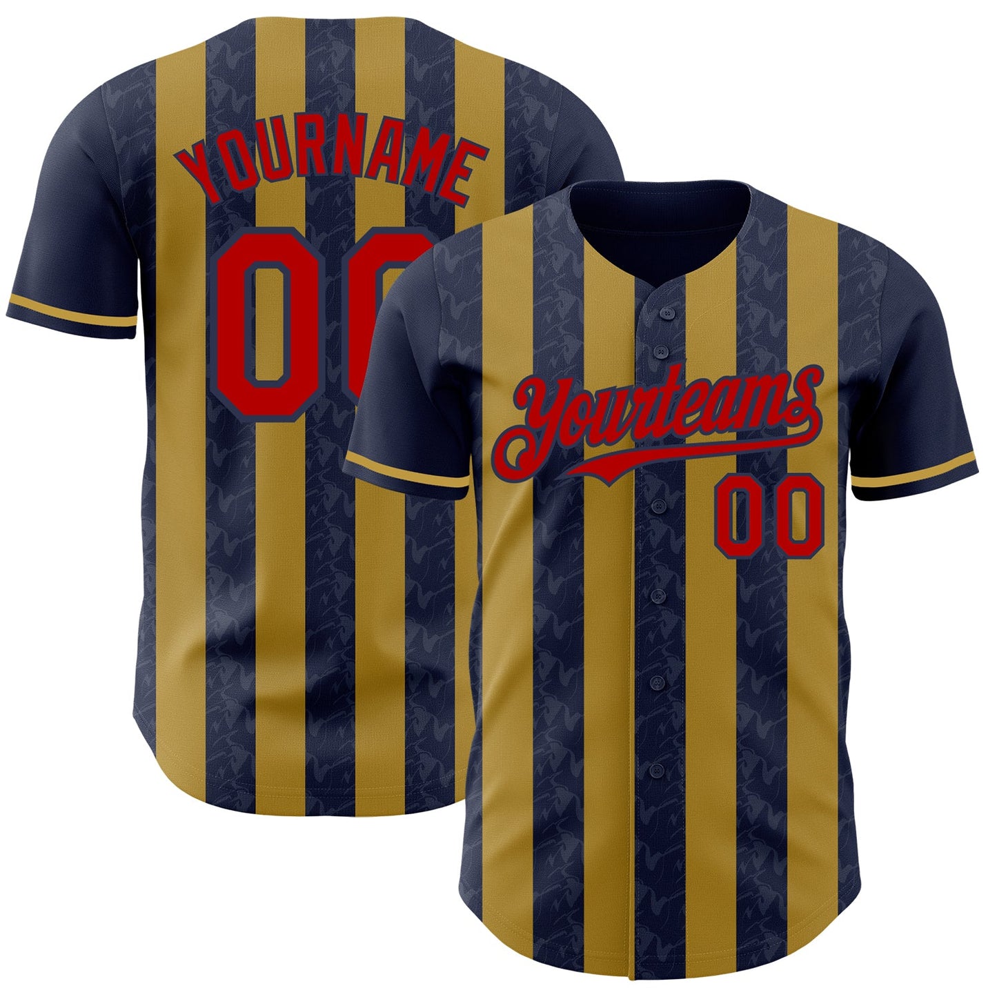Custom Navy Red-Old Gold Classic Vertical Stripe Fluid Liquid Texture Authentic Baseball Jersey