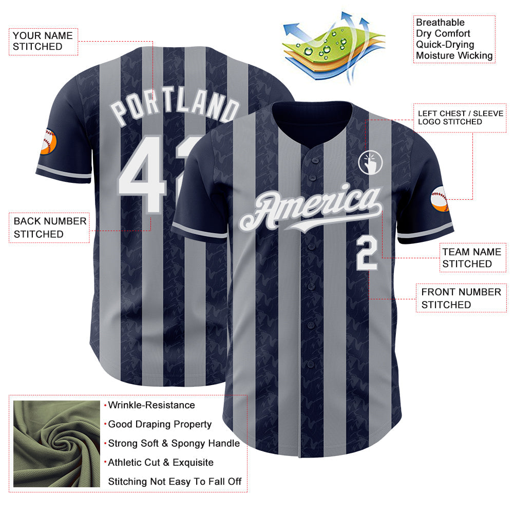 Custom Navy White-Gray Classic Vertical Stripe Fluid Liquid Texture Authentic Baseball Jersey