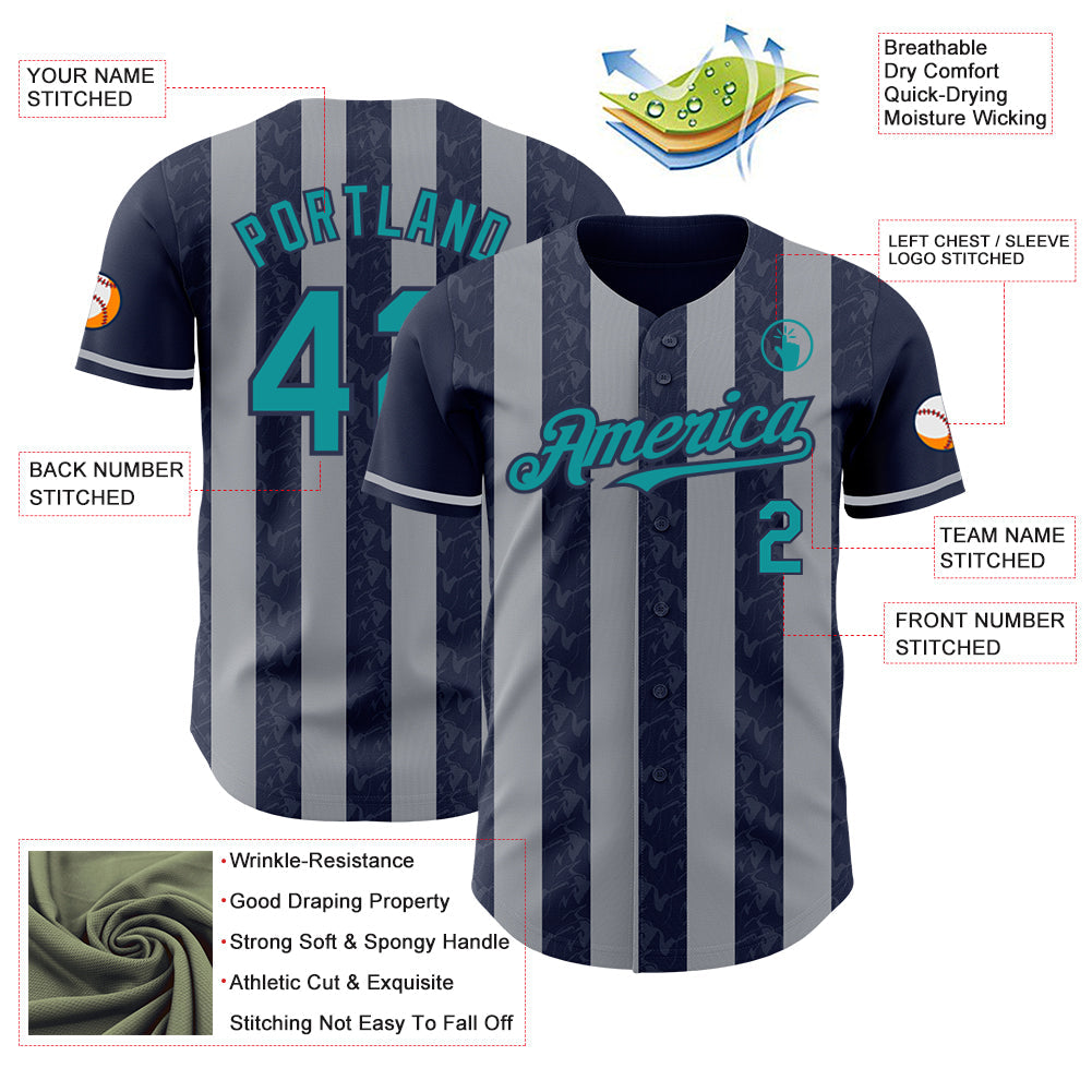 Custom Navy Teal-Gray Classic Vertical Stripe Fluid Liquid Texture Authentic Baseball Jersey