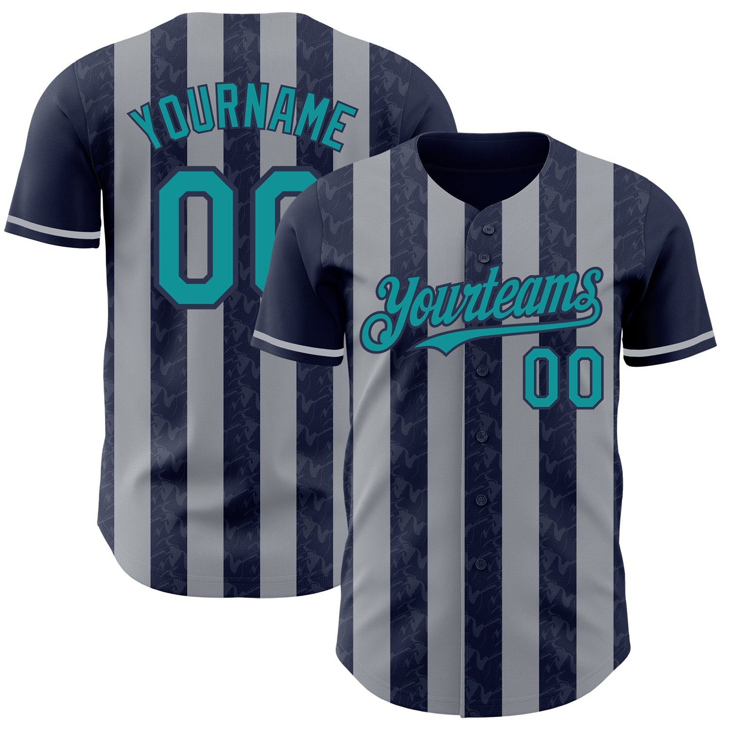Custom Navy Teal-Gray Classic Vertical Stripe Fluid Liquid Texture Authentic Baseball Jersey