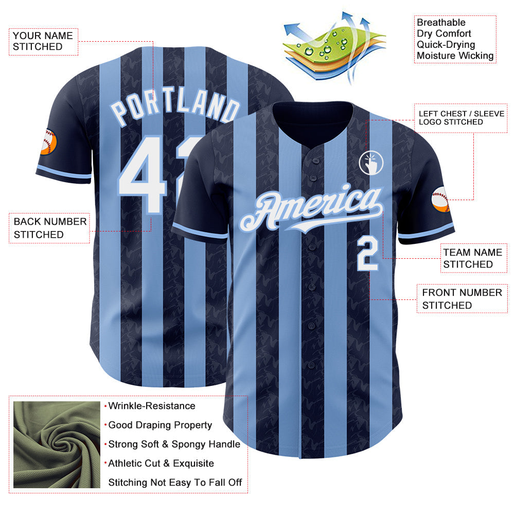 Custom Navy White-Light Blue Classic Vertical Stripe Fluid Liquid Texture Authentic Baseball Jersey