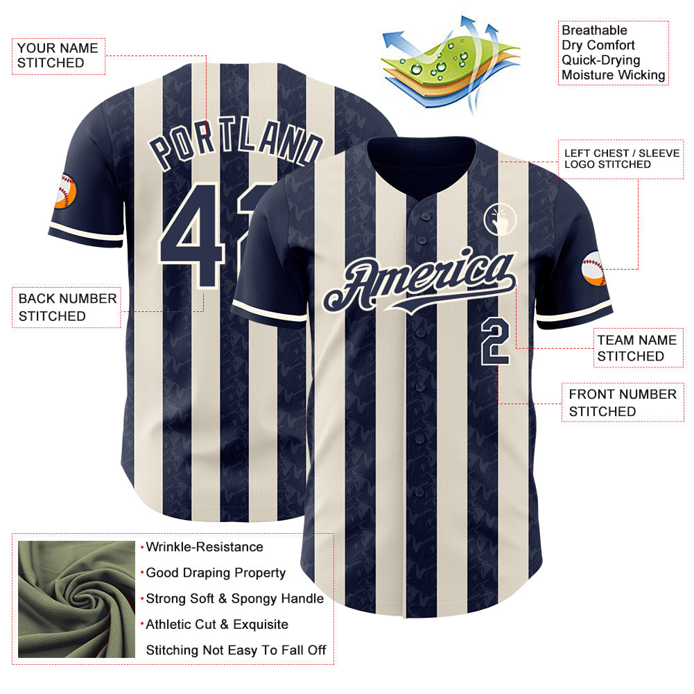 Custom Navy Cream-Cream Classic Vertical Stripe Fluid Liquid Texture Authentic Baseball Jersey
