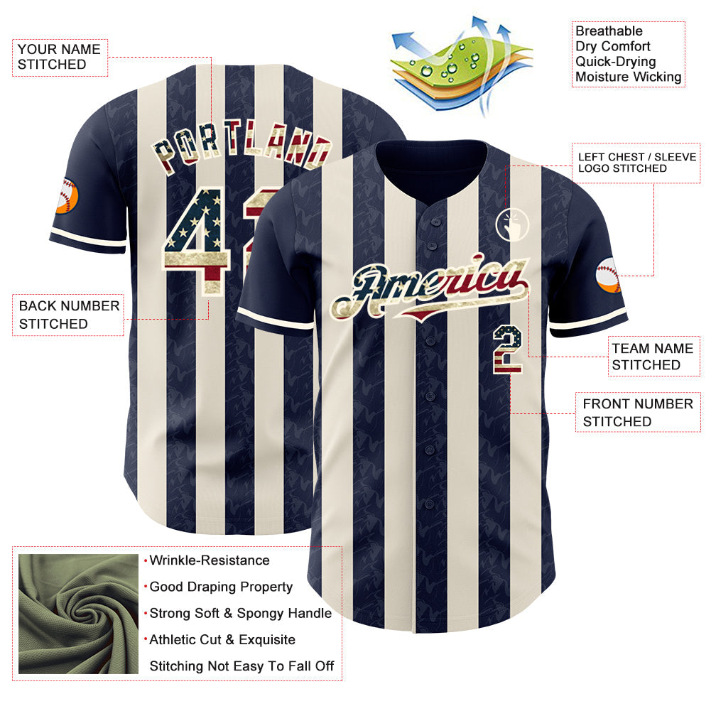Custom Navy Vintage USA Flag Cream-Cream Classic Vertical Stripe Fluid Liquid Texture Authentic Baseball Jersey