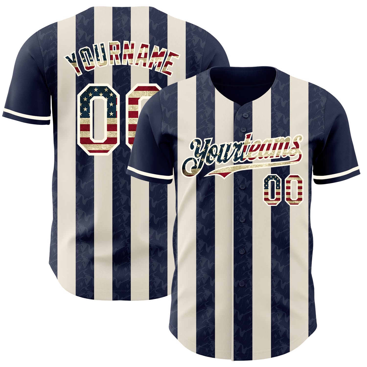 Custom Navy Vintage USA Flag Cream-Cream Classic Vertical Stripe Fluid Liquid Texture Authentic Baseball Jersey