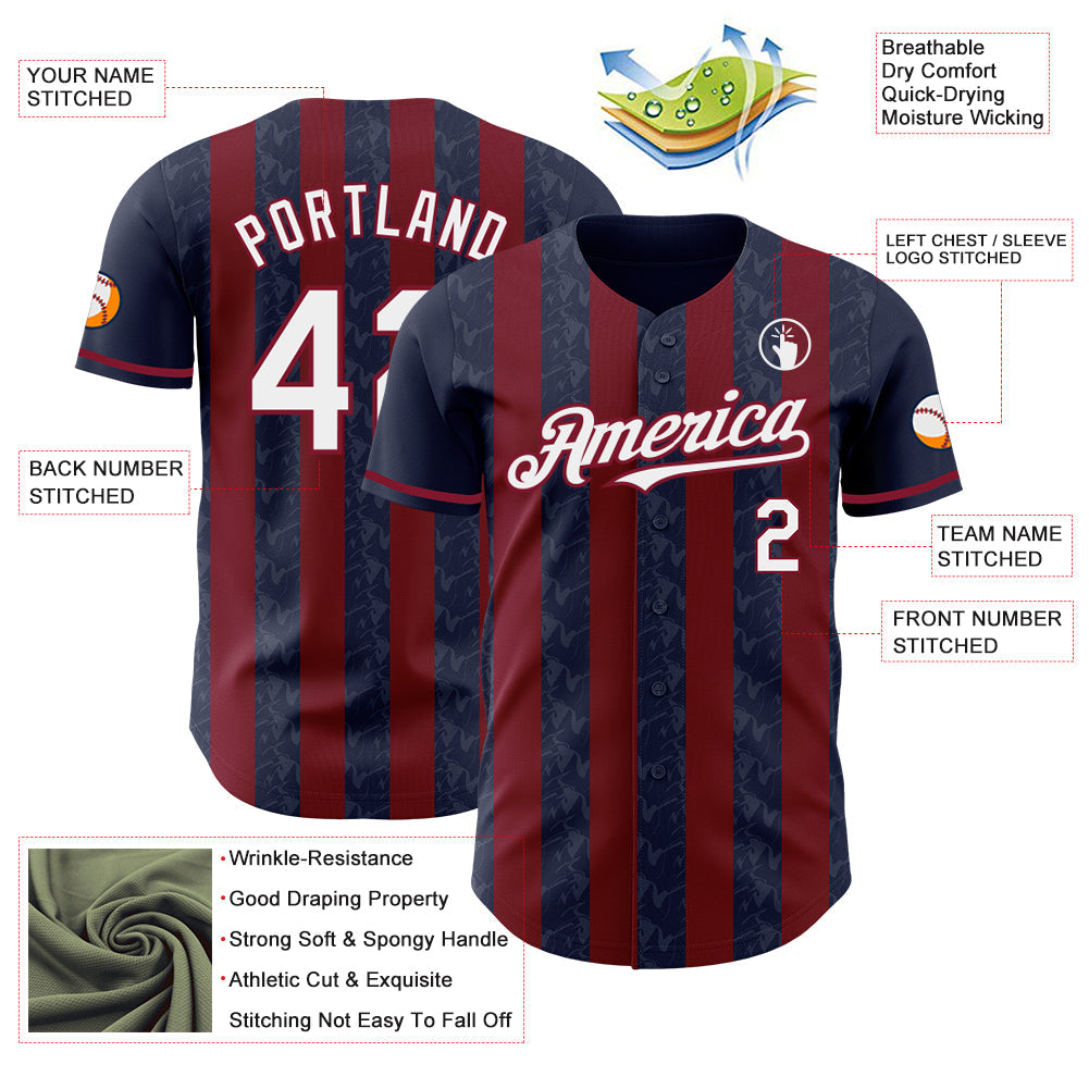 Custom Navy White-Crimson Classic Vertical Stripe Fluid Liquid Texture Authentic Baseball Jersey