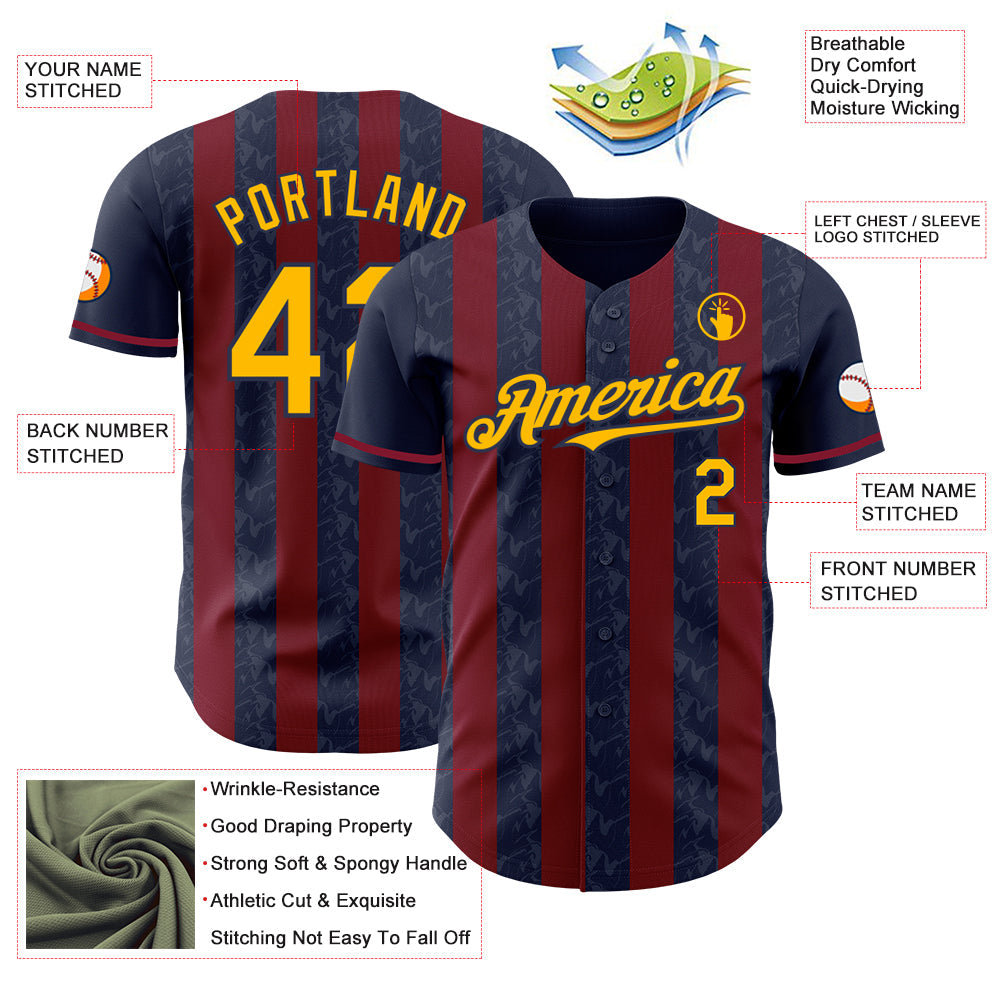 Custom Navy Gold-Crimson Classic Vertical Stripe Fluid Liquid Texture Authentic Baseball Jersey