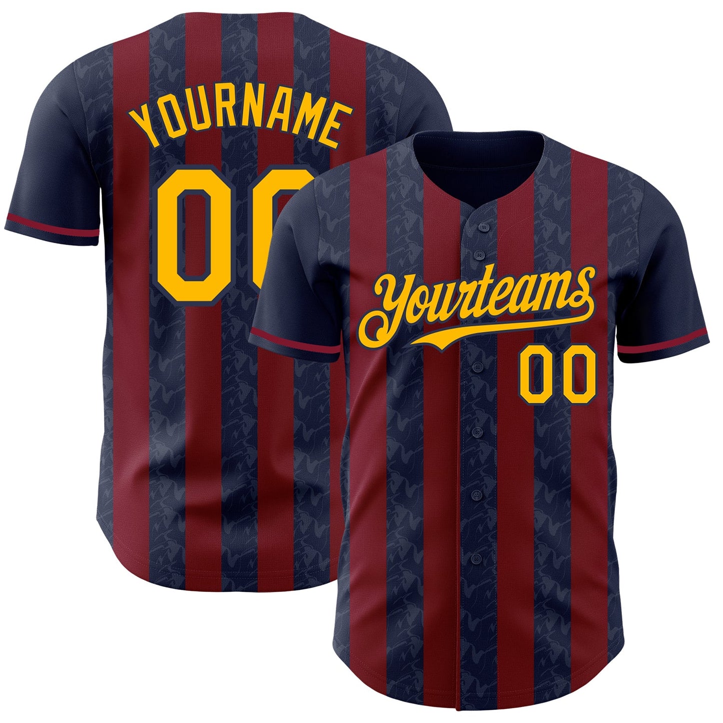 Custom Navy Gold-Crimson Classic Vertical Stripe Fluid Liquid Texture Authentic Baseball Jersey