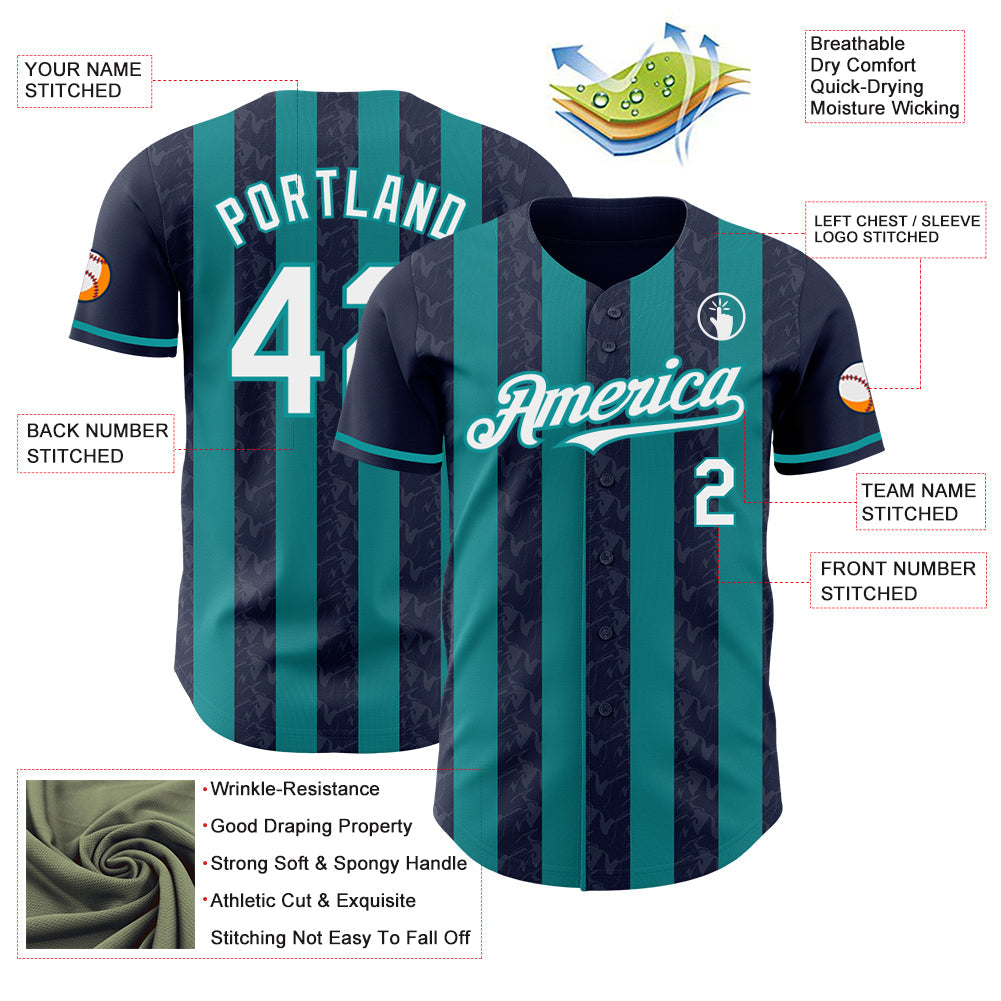 Custom Navy White-Teal Classic Vertical Stripe Fluid Liquid Texture Authentic Baseball Jersey