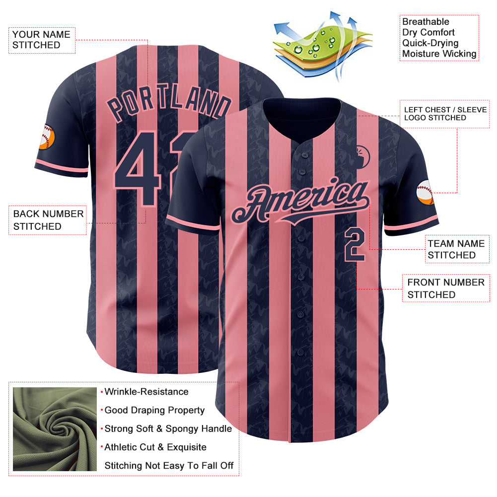Custom Navy-Medium Pink Classic Vertical Stripe Fluid Liquid Texture Authentic Baseball Jersey