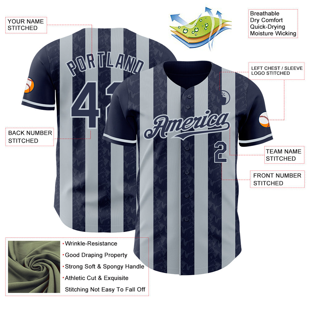 Custom Navy-Silver Classic Vertical Stripe Fluid Liquid Texture Authentic Baseball Jersey