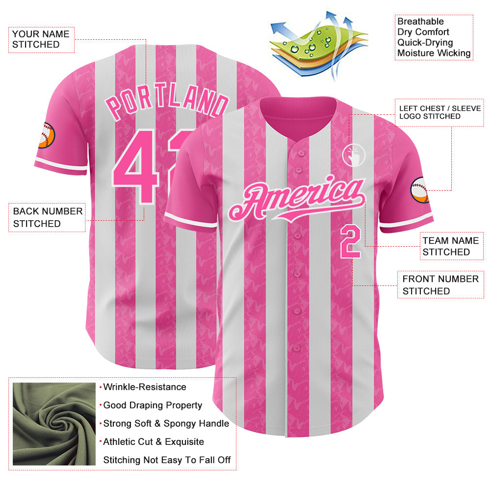 Custom Pink-White Classic Vertical Stripe Fluid Liquid Texture Authentic Baseball Jersey