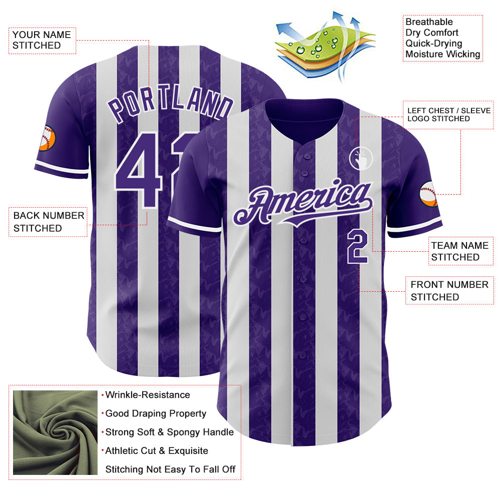 Custom Purple-White Classic Vertical Stripe Fluid Liquid Texture Authentic Baseball Jersey