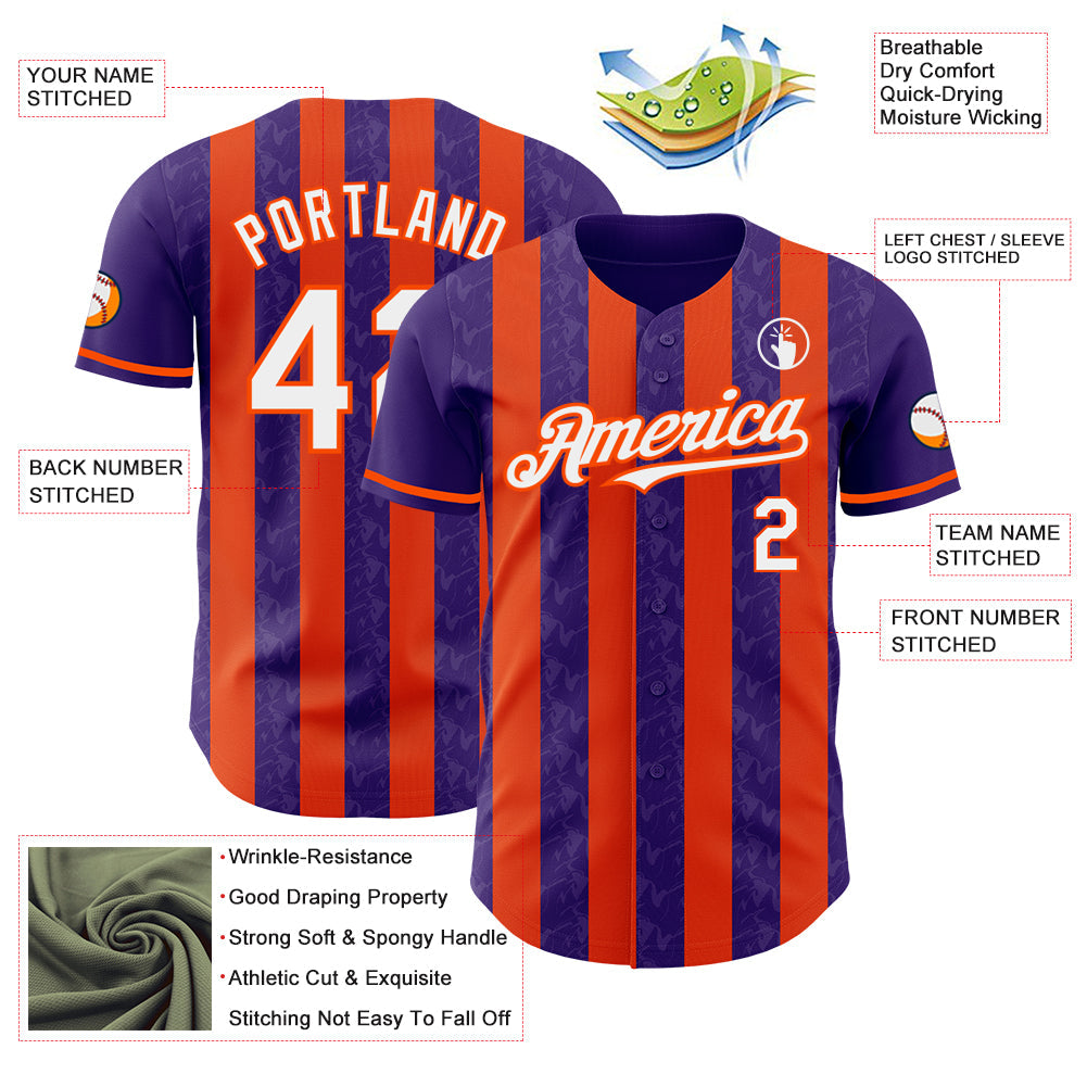 Custom Purple White-Orange Classic Vertical Stripe Fluid Liquid Texture Authentic Baseball Jersey