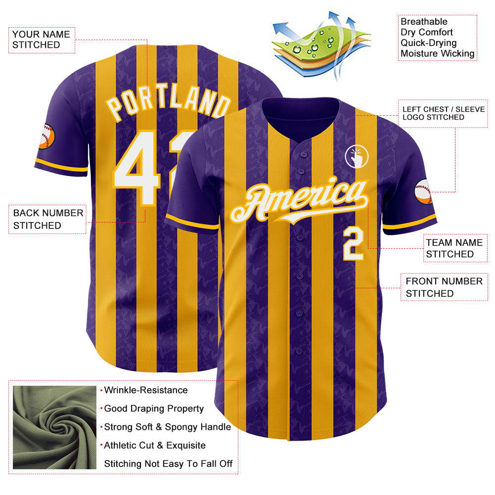 Custom Purple White-Gold Classic Vertical Stripe Fluid Liquid Texture Authentic Baseball Jersey