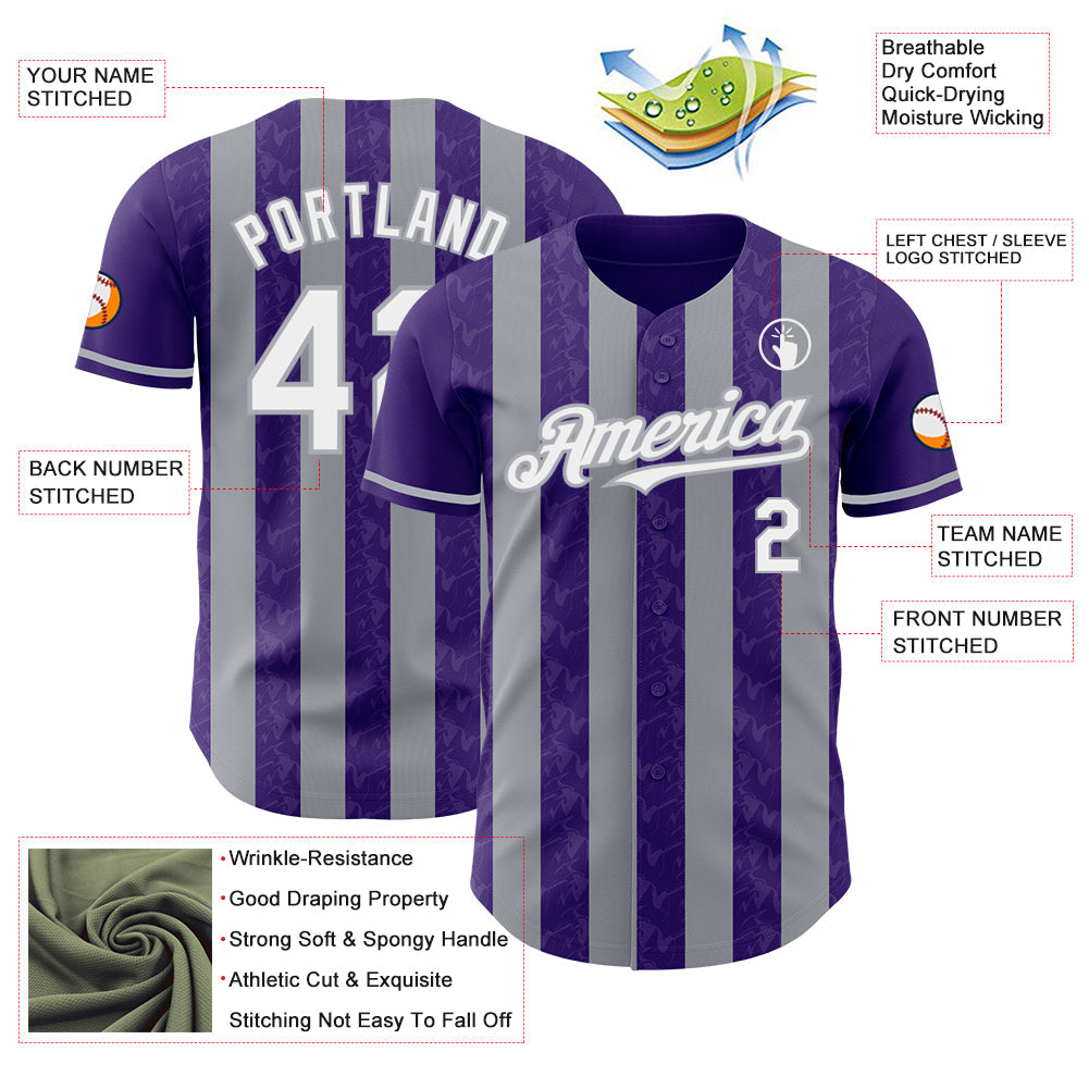 Custom Purple White-Gray Classic Vertical Stripe Fluid Liquid Texture Authentic Baseball Jersey