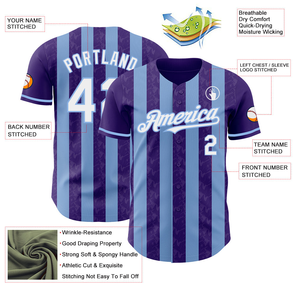 Custom Purple White-Light Blue Classic Vertical Stripe Fluid Liquid Texture Authentic Baseball Jersey