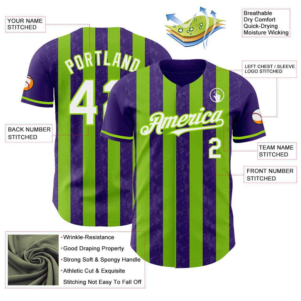Custom Purple White-Neon Green Classic Vertical Stripe Fluid Liquid Texture Authentic Baseball Jersey